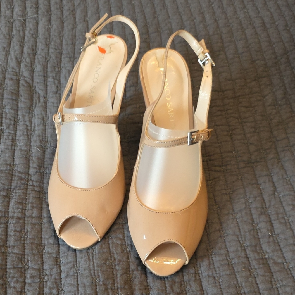 Franco Sarto Nude Patent Peep-Toe Slingback Heels